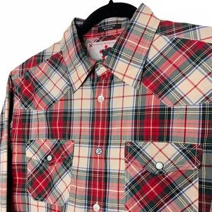 JACHS Long Sleeve Botton Down Shirt Tan Red Green Stripes size M